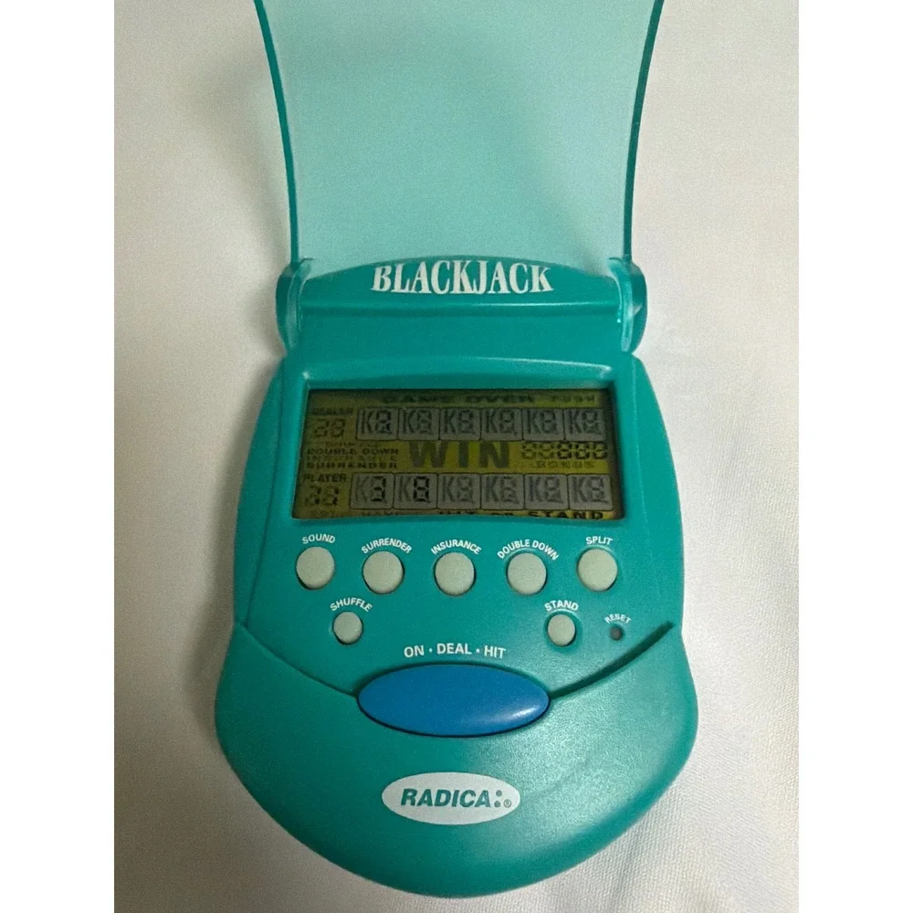 Radica Blackjack Flip Top Handheld Electronic Game Teal Green Vintage Casino Toy